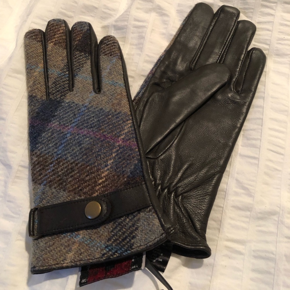 Womens Leather & Wool Plaid Gloves - Brown/Blue